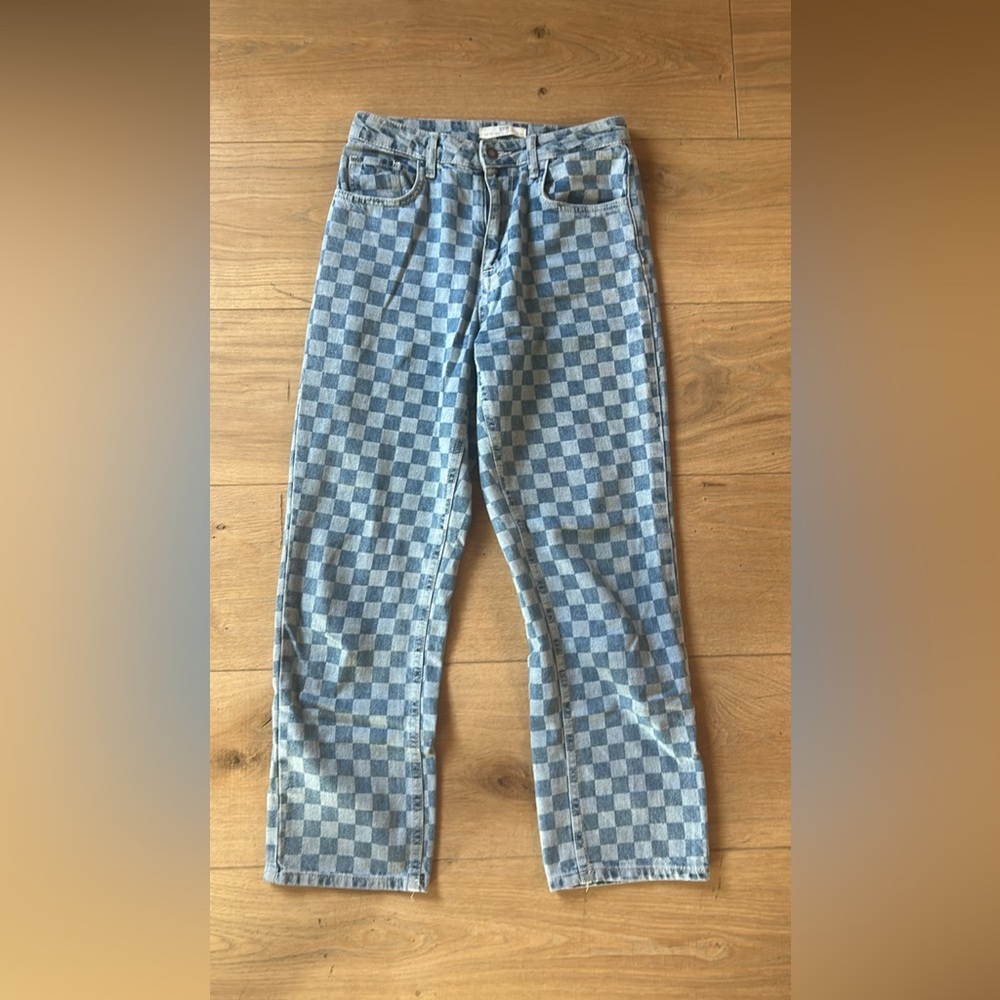Stradivarius Blue Checkered Women's Straight Jeans